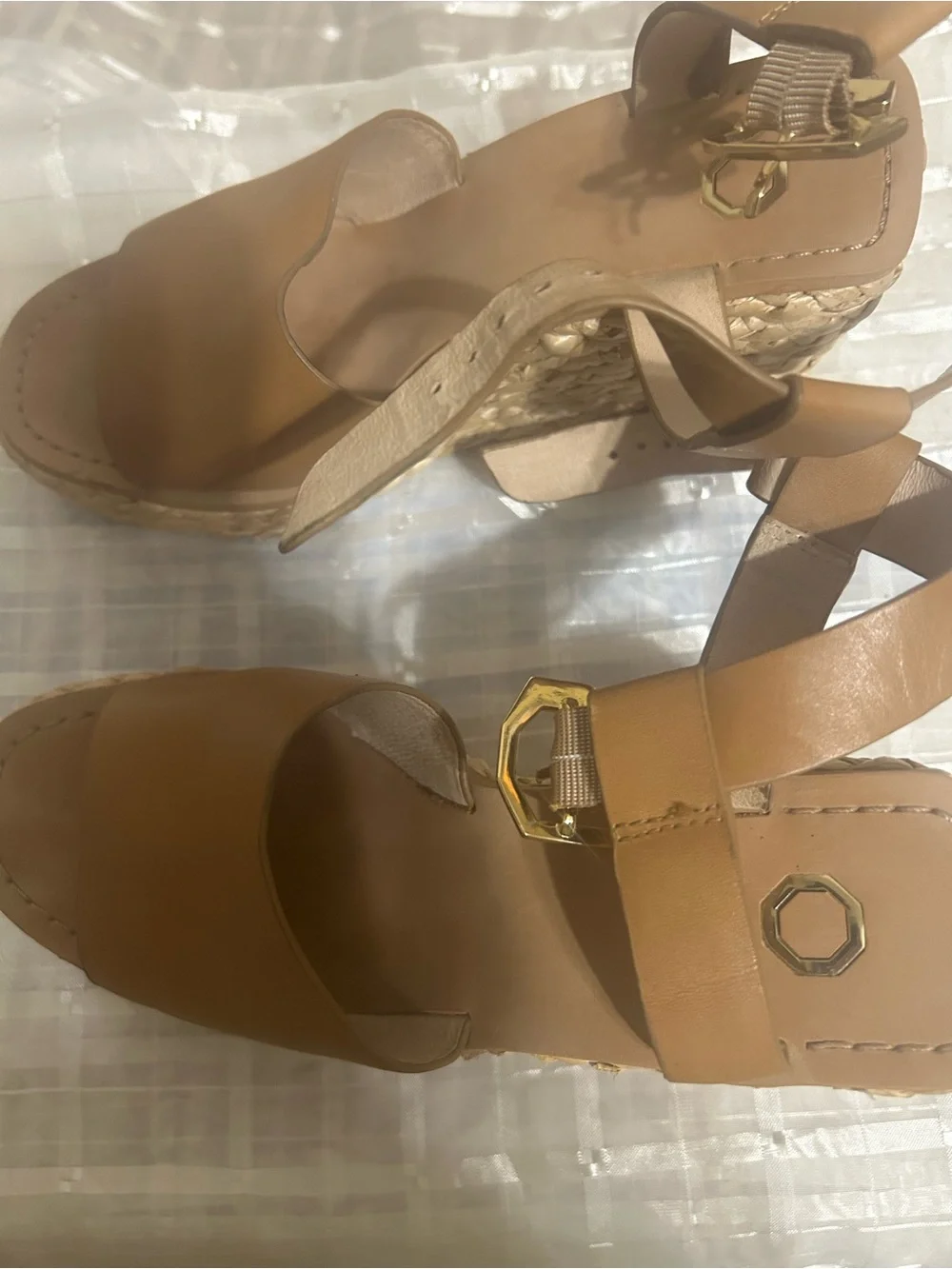 Louise et Cie Tan Leather Espadrille Wedge Sandals with Gold Hardware